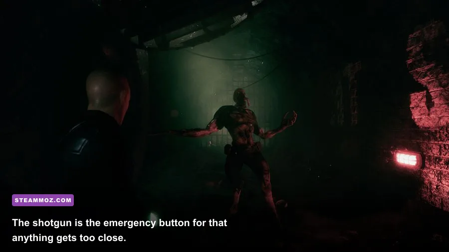 Daymare 1998 shotgun blast hitting an infected enemy in a laboratory