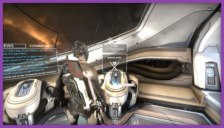 Warframe Orbiter interior and star chart navigation screen