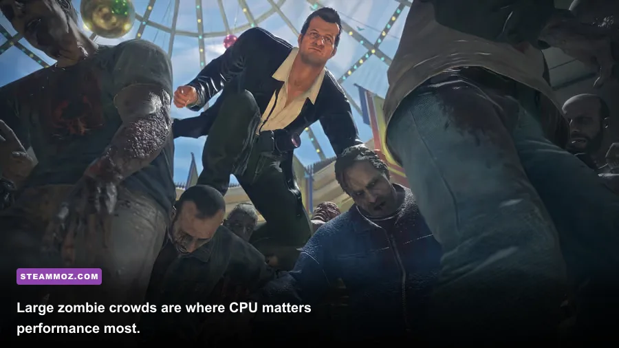 Frank West surrounded by a large zombie crowd in Dead Rising Deluxe Remaster