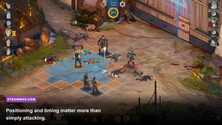 Ash of Gods Redemption tactical combat grid with heroes and enemy units