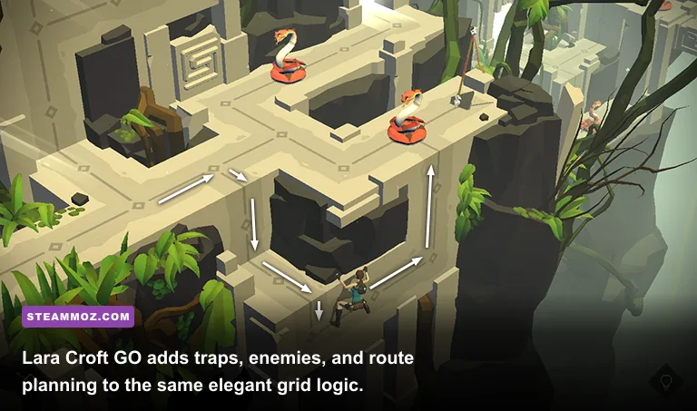 Lara Croft navigating an ancient ruin puzzle in Lara Croft GO