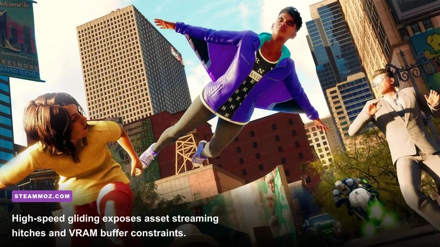 Player wingsuit gliding over the city skyline in Saints Row reboot