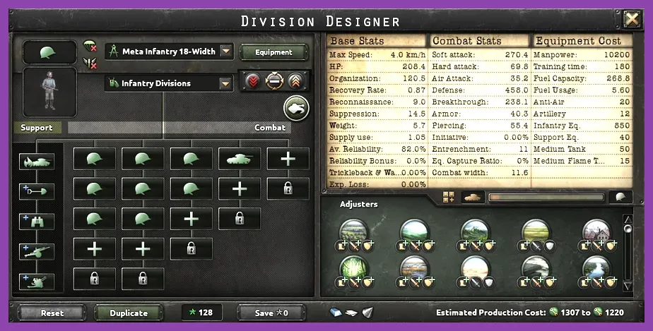 Hearts of Iron 4 division planner showing soft attack and combat width stats