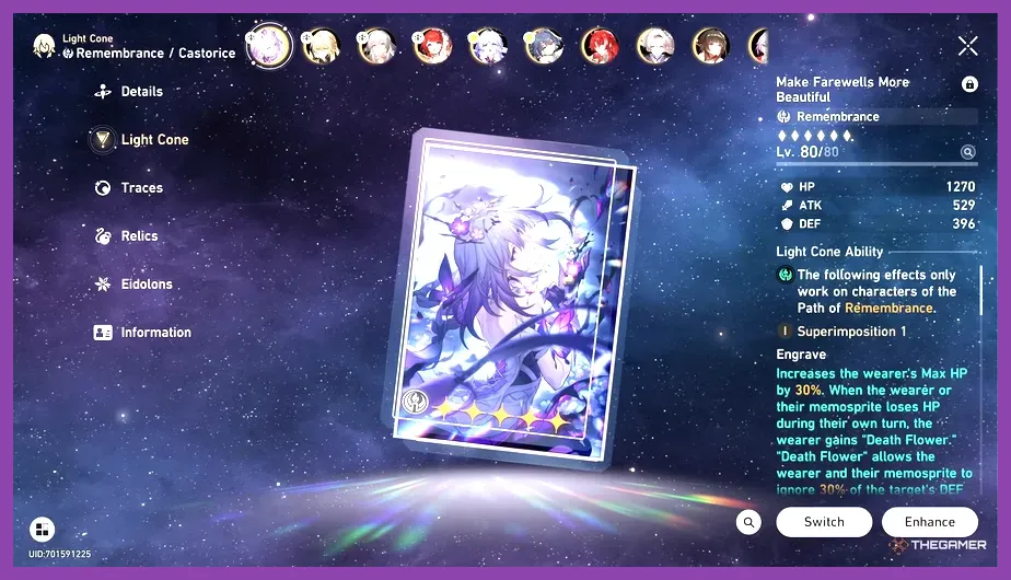 Honkai Star Rail light cones and Relics menu setup