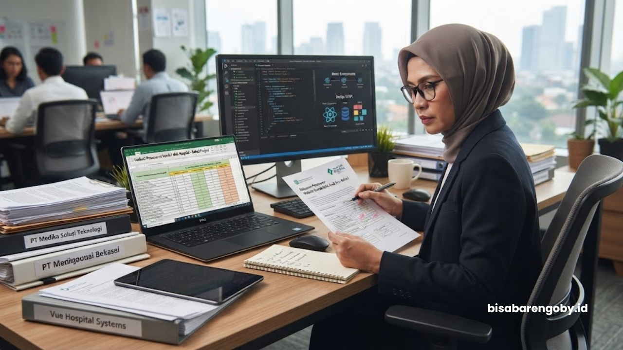 Manajer pengadaan menyeleksi dokumen penawaran saat membandingkan paket website rumah sakit untuk perusahaan di Bekasi berbasis Vue