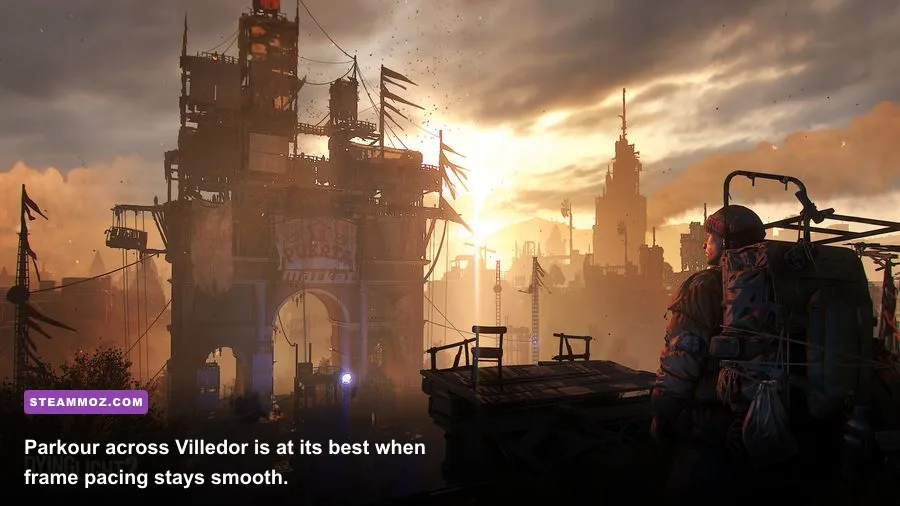 Aiden Caldwell performing parkour across Villedor rooftops in Dying Light 2