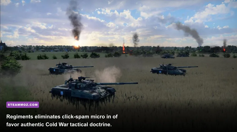Regiments tactical RTS gameplay showing armored formations and smoke screens