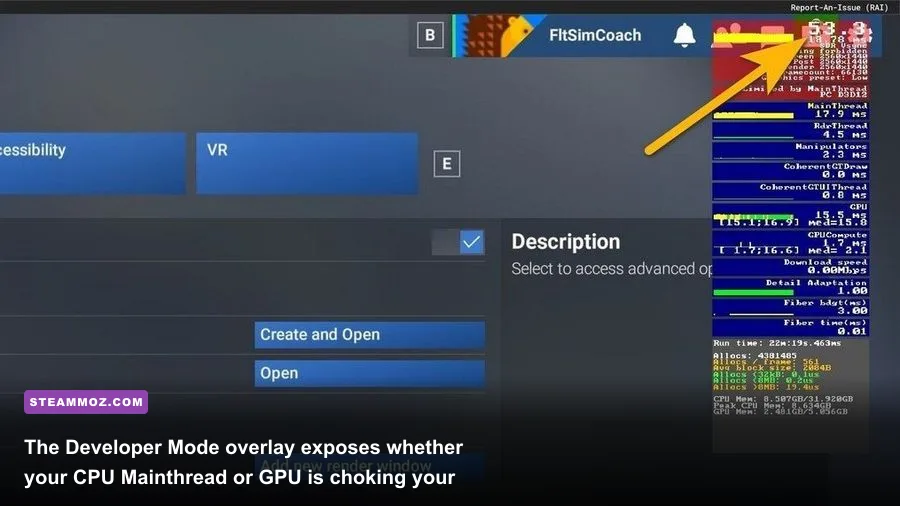 Developer mode debug overlay highlighting Mainthread frame times and GPU render bottlenecks