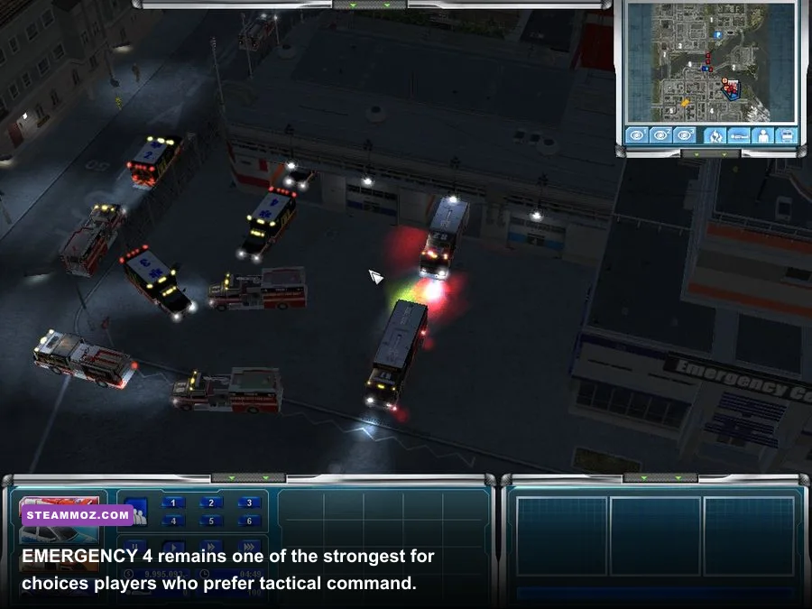 EMERGENCY 4 command interface with firefighters and fire engines at a disaster