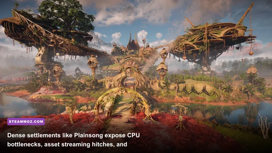 Dense settlement of Plainsong with complex foliage in Horizon Forbidden West PC