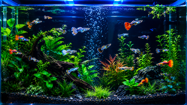 Healthy planted aquarium with colorful guppy fish