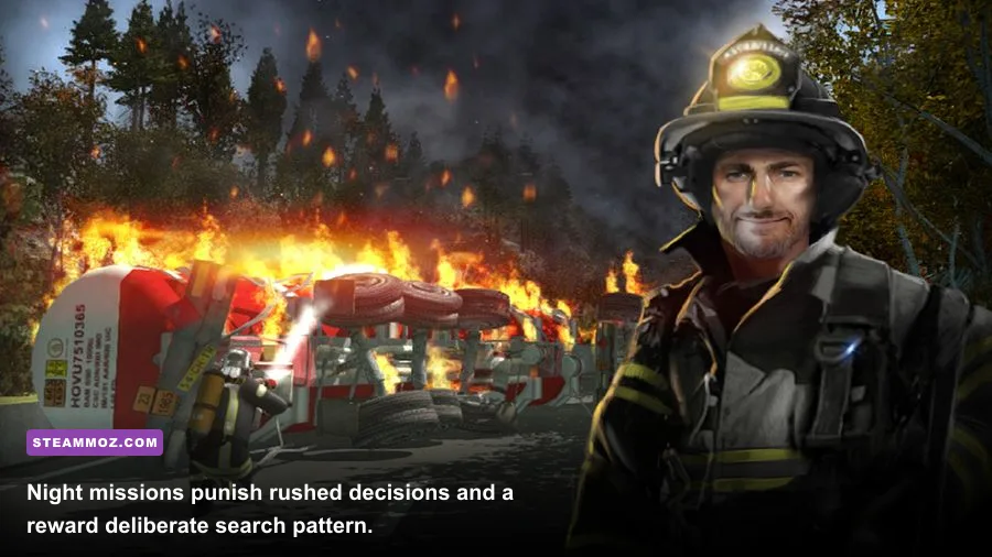 Firefighters 2014 nighttime firefighting mission with emergency lights and smoke