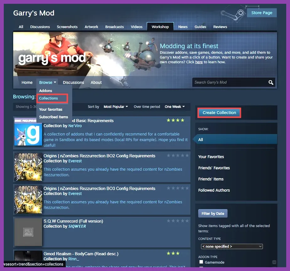 Garry's Mod Steam Workshop interface