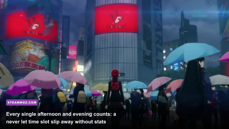 Joker standing at Shibuya crossing deciding how to spend his afternoon in Persona 5 Royal