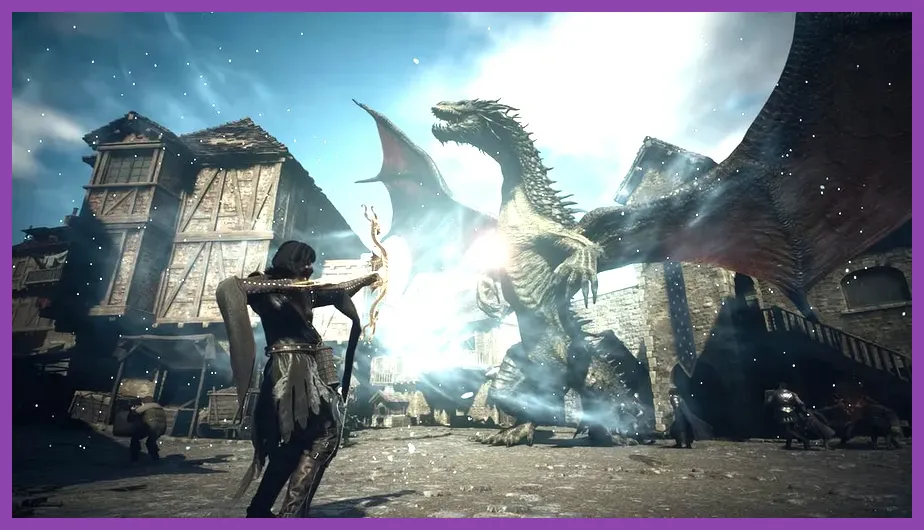 Arisen and pawns traversing the countryside in Dragon's Dogma 2 running at smooth FPS