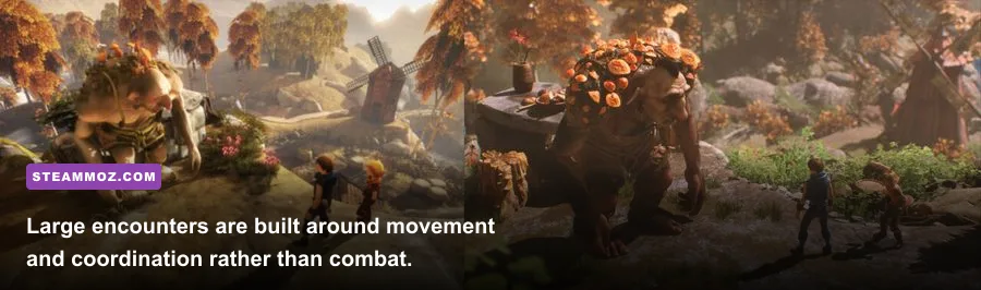 Brothers A Tale of Two Sons Remake giant enemy encounter in a snowy mountain arena