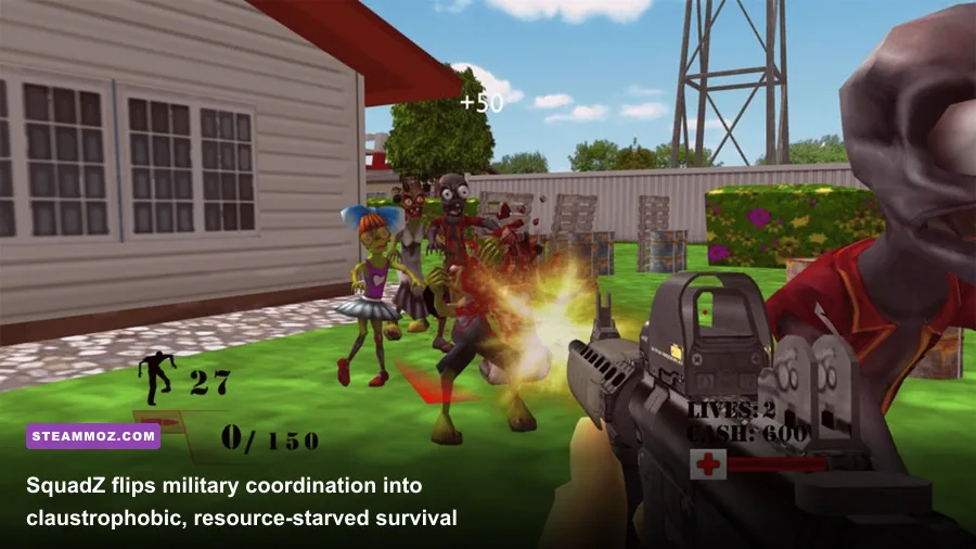 Soldiers defending a fortified sandbag bunker with flashlights against a zombie horde in SquadZ