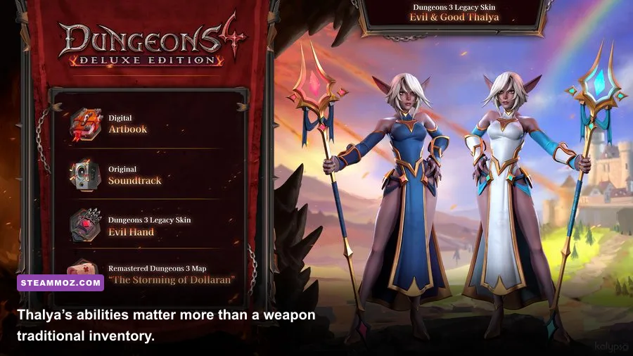 Thalya fighting heroes in Dungeons 4 with combat abilities and dungeon forces nearby