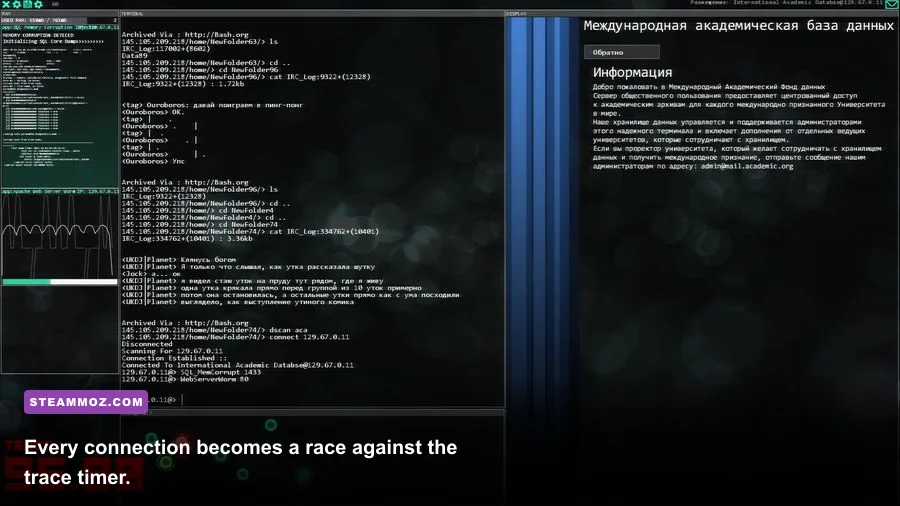 Hacknet proxy bypass and trace timer shown in the terminal interface