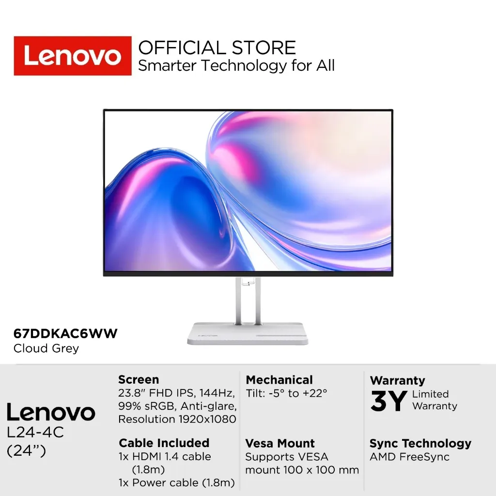 Lenovo Monitor L24-4C 67DDKAC6WW Cloud Grey 23.8" FHD IPS 144Hz 99% sRGB Antiglare 4-side Ultra Thin Integrated Speakers Tilt VESA HDMI Cable 3Y Pick-up & Repair L24-4C 24inch
