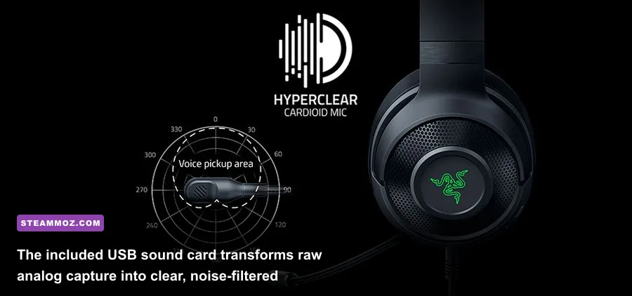 Razer HyperClear Cardioid detachable microphone positioned next to the bundled USB sound card