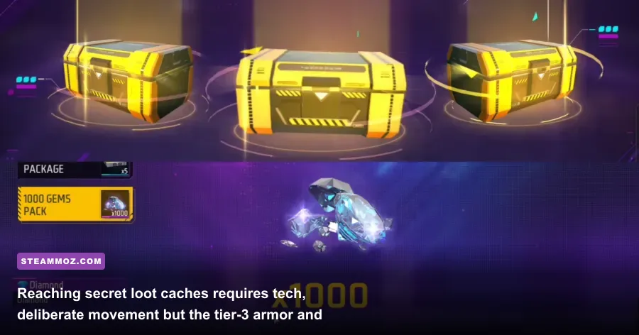 Free Fire glowing loot crate surrounded by tactical gear and weapons