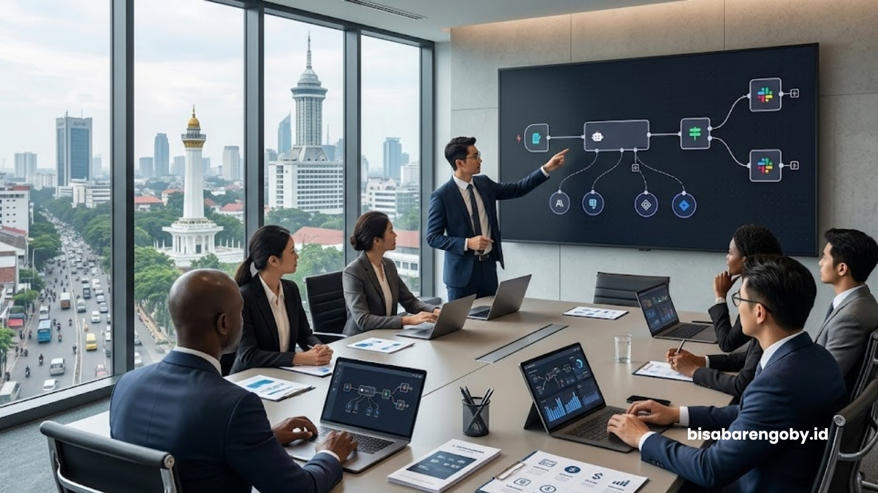 Tim IT merancang strategi implementasi AI automation untuk perusahaan di Medan berbasis n8n