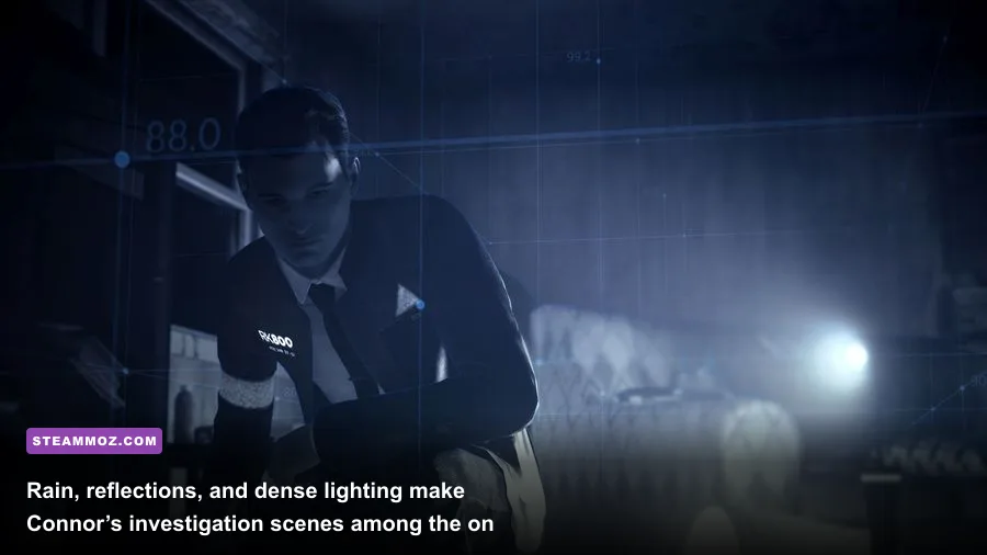 Connor investigating a rainy crime scene in Detroit Become Human on PC