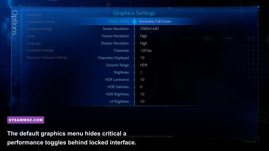 Final Fantasy VII Remake PC graphics menu and resolution settings