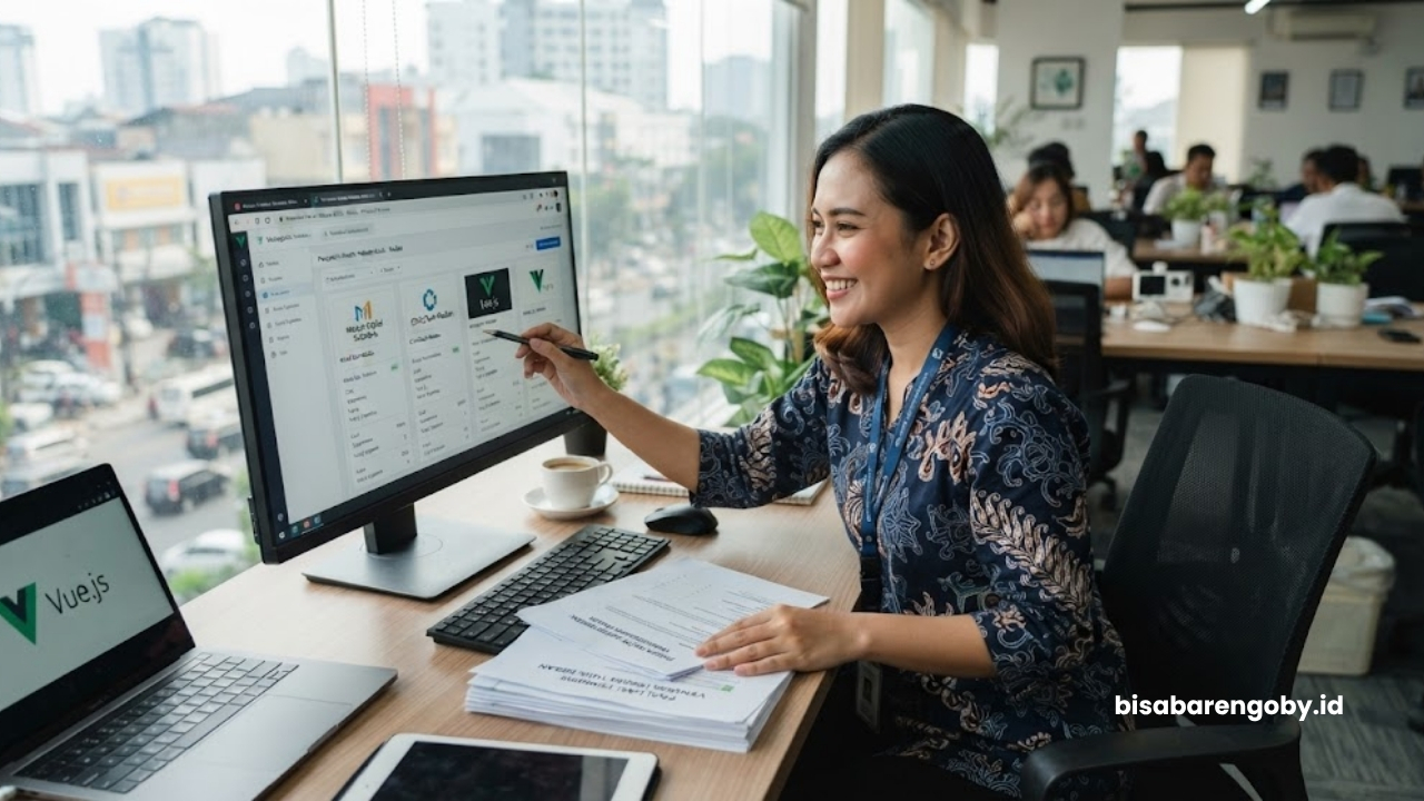 Manajer pengadaan menyeleksi proposal penawaran saat mencari vendor website klinik untuk perusahaan di Medan berbasis Vue