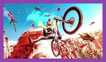 Player riding a bike with Red Bull gear in Riders Republic