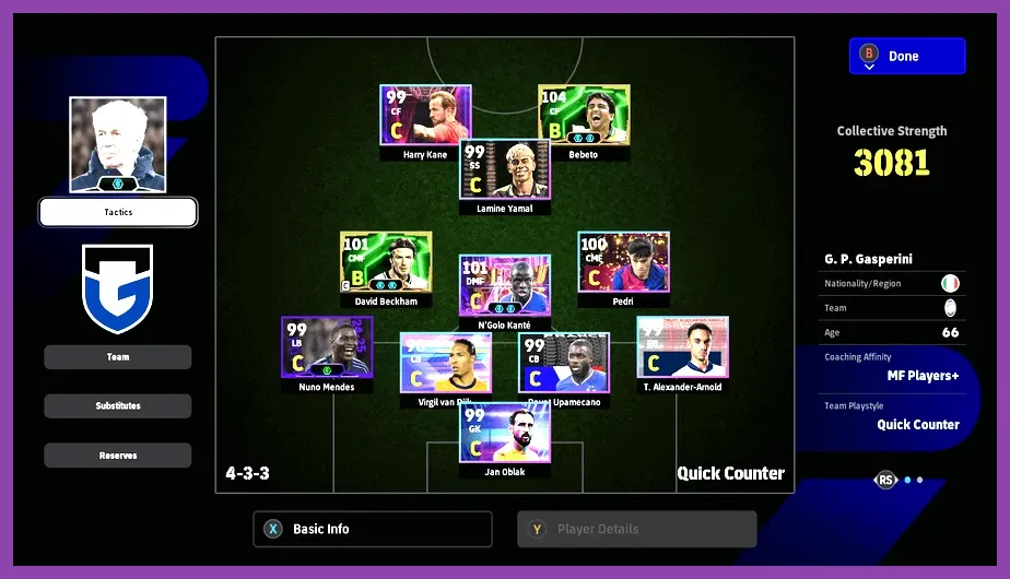 eFootball 2026 mobile dream team menu showing player management