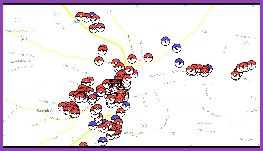 Pokemon GO game map showing multiple gym locations