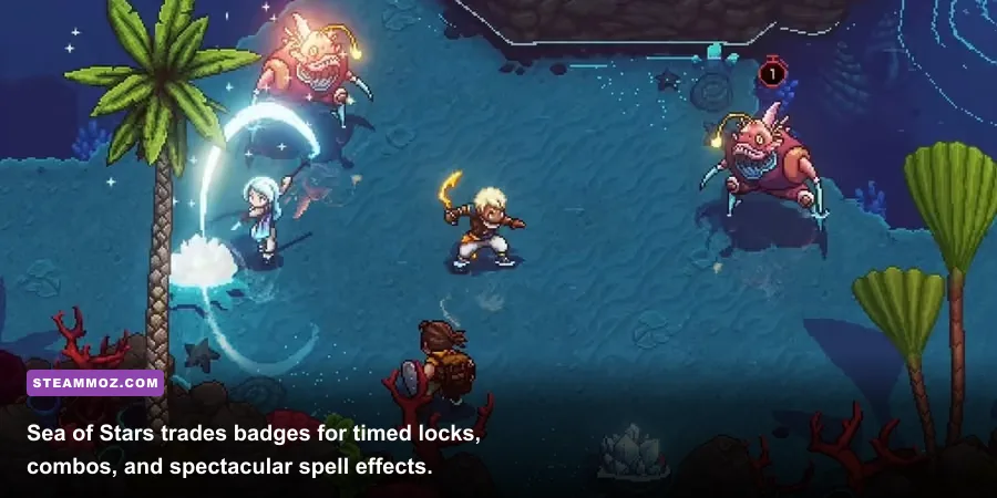 Sea of Stars heroes Valere and Zale using coordinated attacks in battle