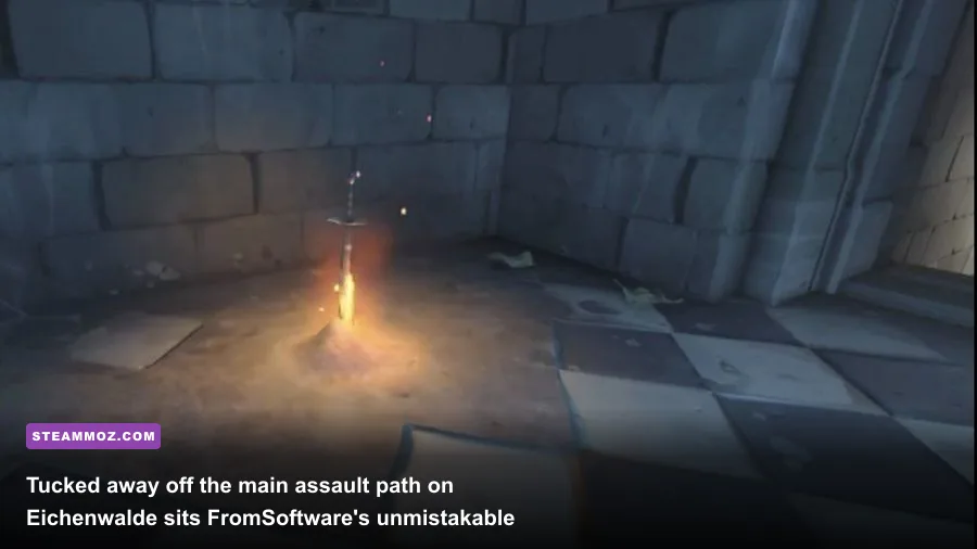 Dark Souls sword in bonfire Easter egg inside Eichenwalde castle hunting lodge in Overwatch