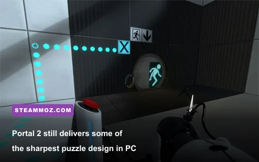 Two players solving a Portal 2 cooperative test chamber puzzle