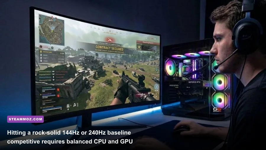 Custom water-cooled gaming desktop running Call of Duty at high refresh rates