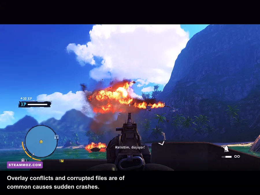 Far Cry 3 PC gameplay showing a tropical island scene before a crash