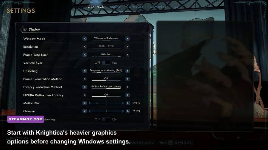 Knightica graphics settings menu with resolution, shadows, and anti-aliasing options
