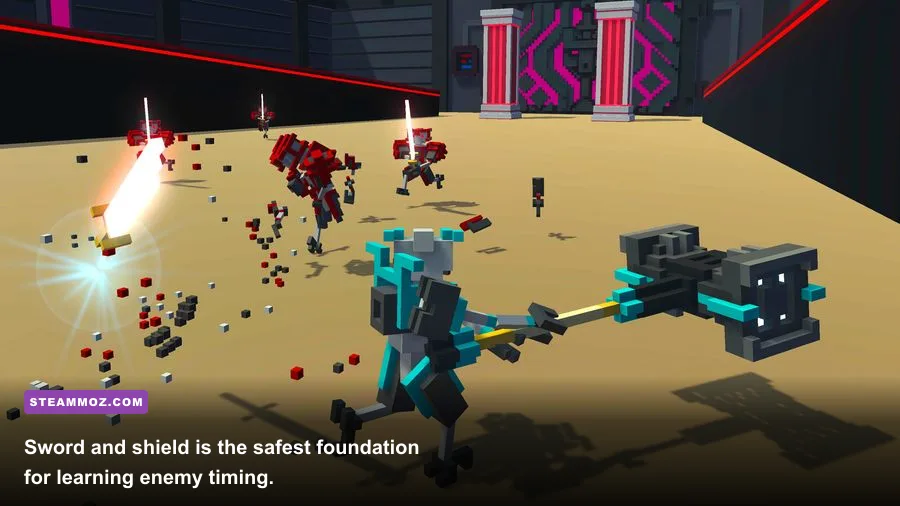 Clone Drone in the Danger Zone robot using a sword and shield against enemies