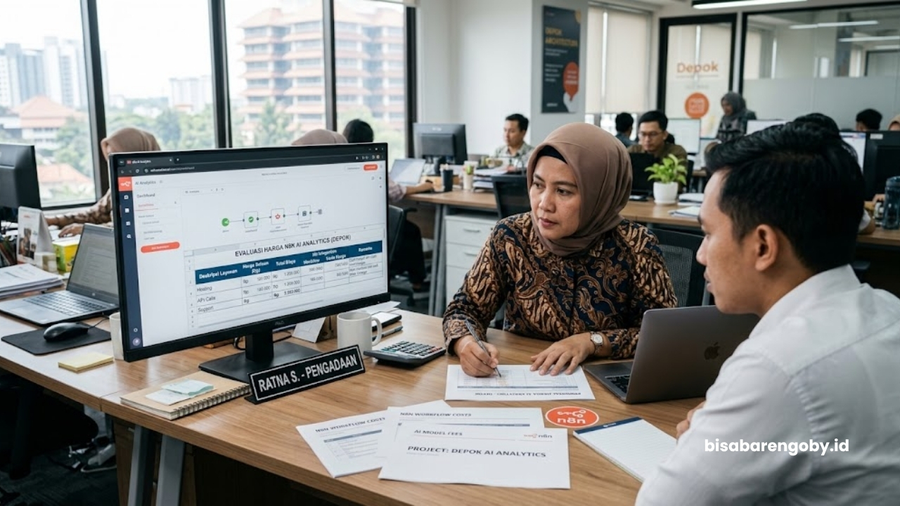 Manajer pengadaan mengevaluasi rincian harga AI Analytics untuk perusahaan di Depok berbasis n8n
