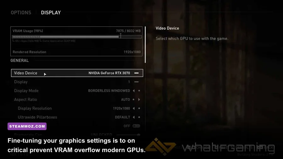 Graphics settings menu in The Last of Us Part I PC highlighting VRAM consumption meters
