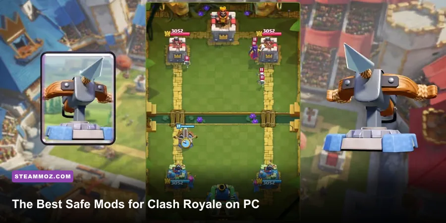 Clash Royale PC battle showing both Crown Towers, King Towers, troops, and the card bar