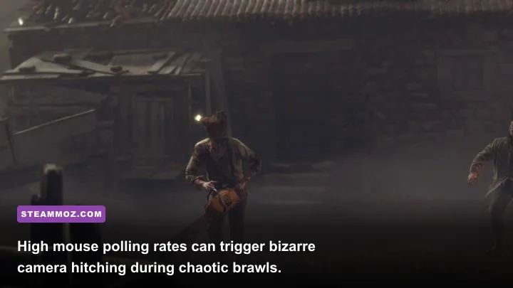 Leon dodging Dr Salvador chainsaw attack in Resident Evil 4 village square