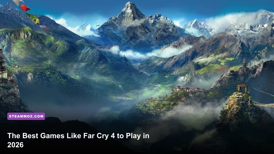 Far Cry 4 player overlooking Kyrat mountains from a Himalayan fortress