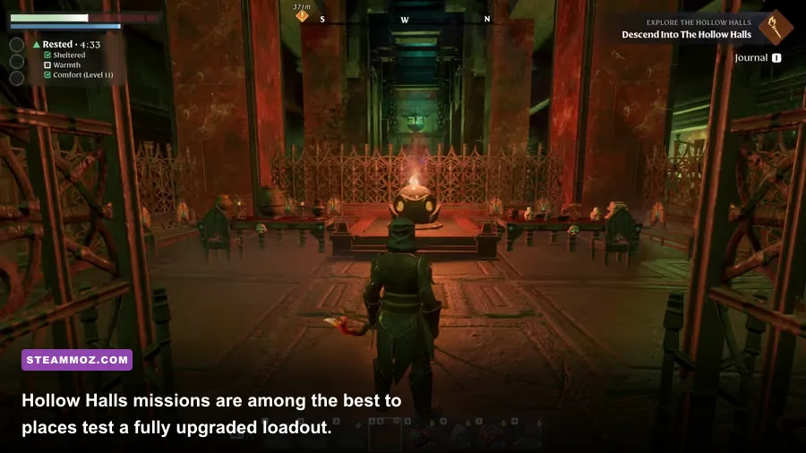 Enshrouded player fighting through the Hollow Halls dungeon with upgraded equipment