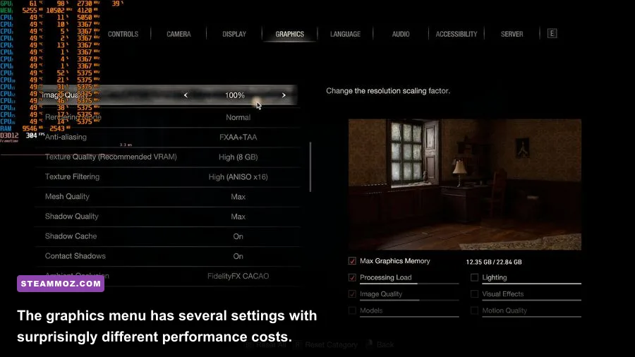 Resident Evil 4 Remake PC graphics settings menu showing ray tracing and upscaling options