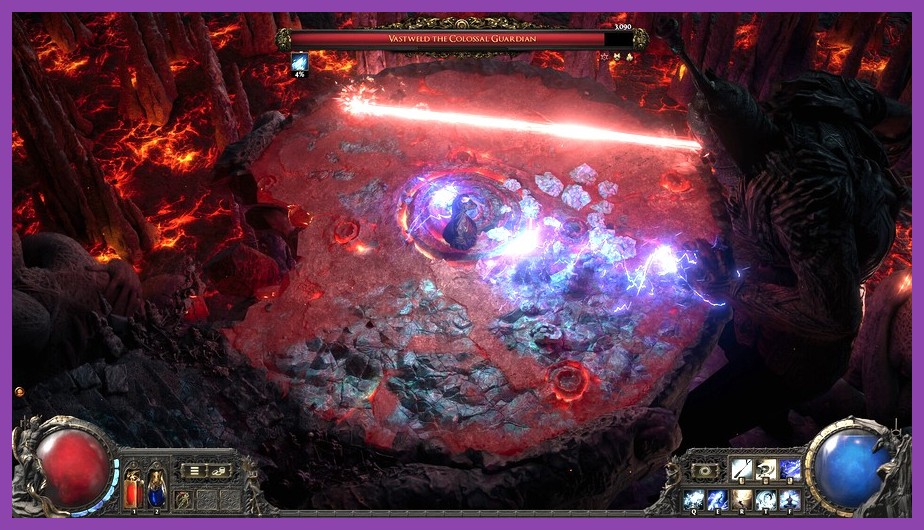Player performing a dodge roll away from a giant boss attack in Path of Exile 2