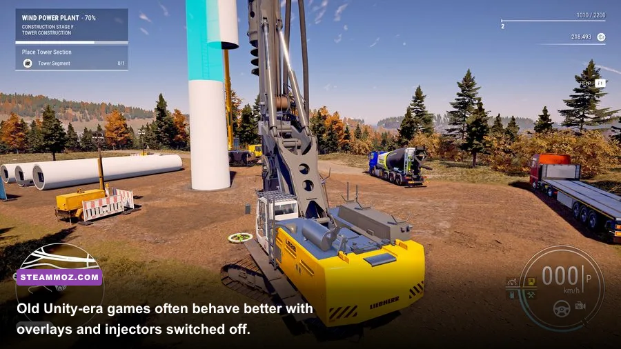 Construction Simulator 2015 running on PC with Steam overlay and background apps disabled