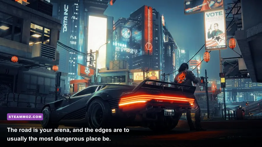 Byte Driver neon city environment viewed from behind the player vehicle
